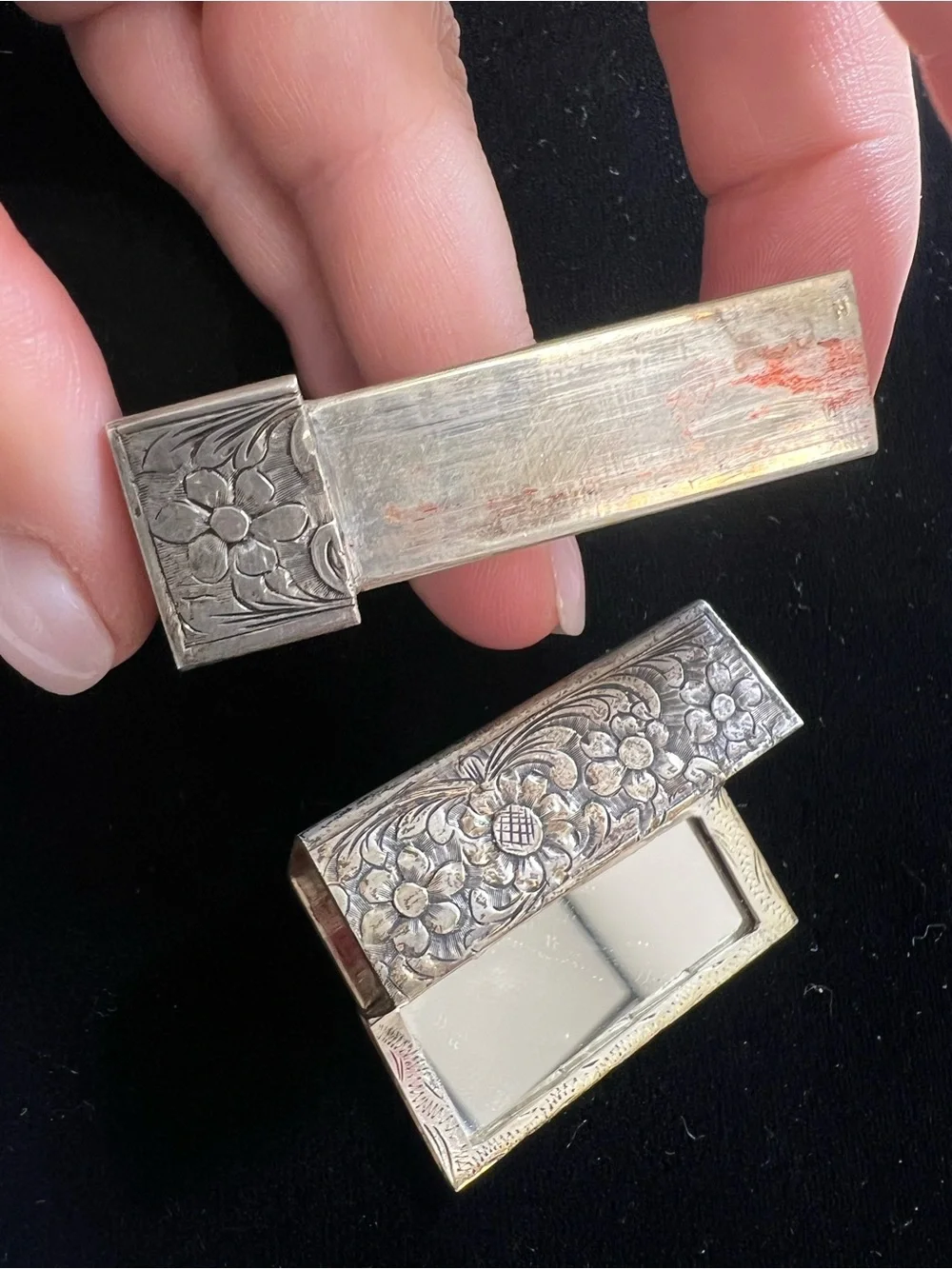 Antique 800 Silver Floral Engraved Lipstick Compact with Blue Cabochon Accent